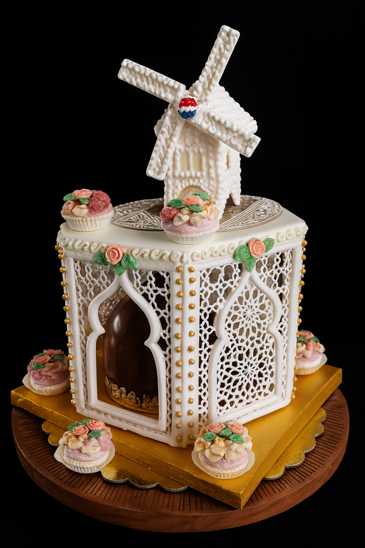Uniek royal icing pronkstuk met chocolade spiegelglazuur taart